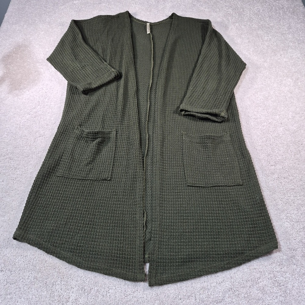 Mittoshop Loose Knit Cardigan Sweater Small/Med Green Waffle Knit Open Front